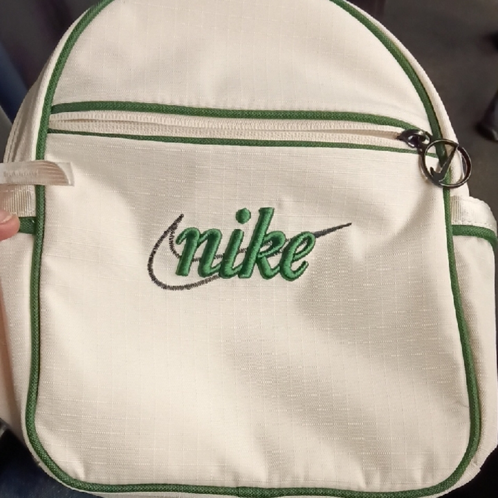 Nike White and Green Mini Backpack with Embroidered Logo. Brand New With Tags